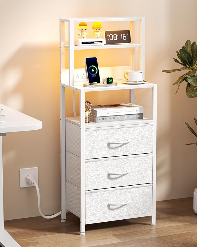 Furnulem Night Stand, Bedside Nightstand with 4-Tier Shelves and 3 Fabric Drawers, LED Bed Side Tables with Charging Station, Tall Bedside Table for Bedroom, Hallway, Office,White