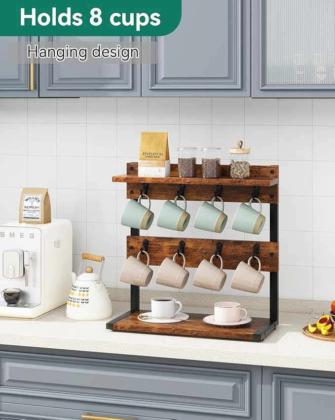 IBUYKE Rustic Coffee Mug Holder Stand, 2 Tier Countertop Mug Tree Holder Rack with Storage Base, Vintage Mug Holders for Kitchen, Holds 8 Mugs, Rustic Brown UTBJ002H-NeatNest