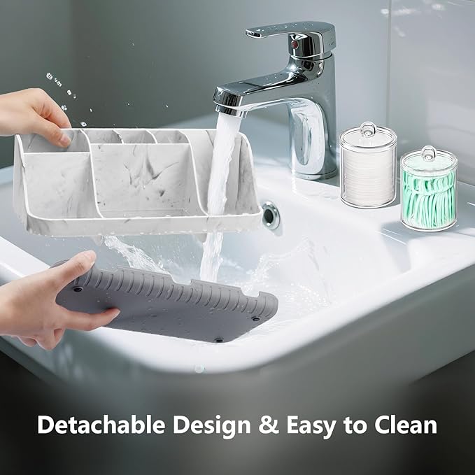 Bathroom Toothbrush Holder Set with 2 Pack Qtip Holder Dispenser - Detachable 7 Slots Bathroom Accessory Set, Kids Marble Bathroom Sink Counter Set, Bathroom Essentials Decor, Grey