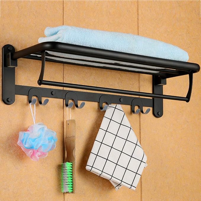 HOONEX Foldable Towel Rack for Bathroom Wall Mounted, with Towel Hooks and Adjustable Towel Bar, 304 Stainless Towel Holder, 24-Inch Bathroom Towel Shelf, Black