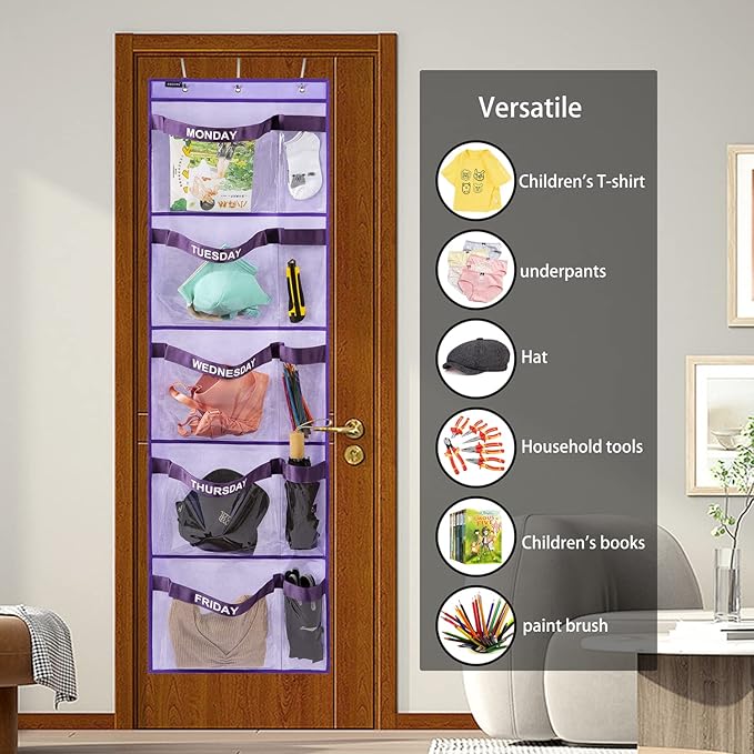 Weekly Kids Clothes Organizer Day of Week School Clothing Storage Monday to Friday Hanging Closet Organizer (Purple)-NeatNest