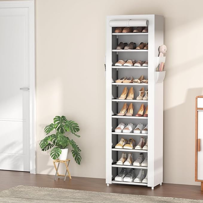 VTRIN Vertical Narrow Shoe Rack Organizer Tall Shoe Rack for Closet Entryway 10 Tier Non-Woven Cover Shoe Shelf Holds 20-22 Pairs Free Standing Shoe Storage Cabinet with Dustproof Cover, White-NeatNest