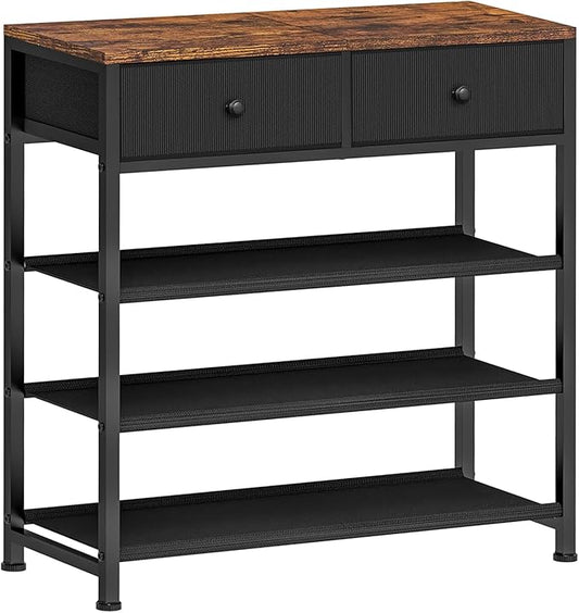 Usikey 4 Tier Shoe Rack With 2 Drawers, Metal Shelf for 9-12 Pairs, 3 Fabric Shelves and Wooden Top, Storage Organizer Stand for Closet Entryway, Black-NeatNest