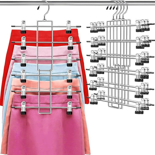 Pants Hangers with Clips,Space Saving Hanging Closet Organizer-6 Tiers Skirt Hangers with 360° Swivel Hook,Closet Organizer-Clothes Hangers- College Dorm Essentials Apartment Essentials- 4 Pack-NeatNest