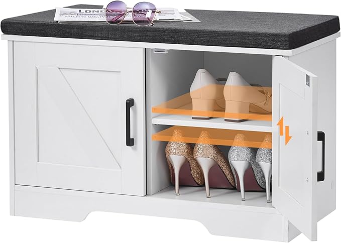 2-Tier Storage Bench, Shoe Bench with Padded Seat Cushion, Entryway Bench with 2 Barn Doors, Adjustable Shelf, 13.8" D x 27.6" W x 17.7" H, for Entryway, Living Room, Bedroom, White-NeatNest