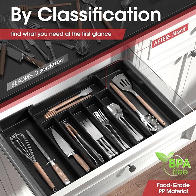 Aujen Silverware Organizer - Expandable Kitchen Drawer Organizer, Adjustable Utensil Organizer, Cutlery Tray for Forks, Knives, Multipurpose Kitchen Organizers and Storage Solution, Black, Large-NeatNest