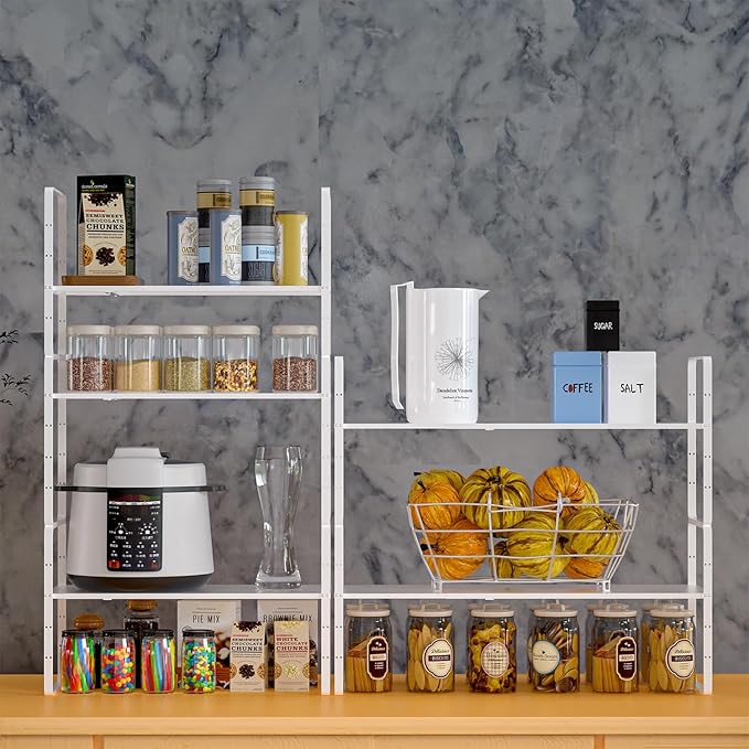 Expandable Kitchen Cabinet Shelf Organizers 2 Pack, Stackable Metal Pantry Storage Shelves Rack, Adjustable Counter Shelf for Cabinets, Countertop, Cupboard Organizers and Storage, White-NeatNest