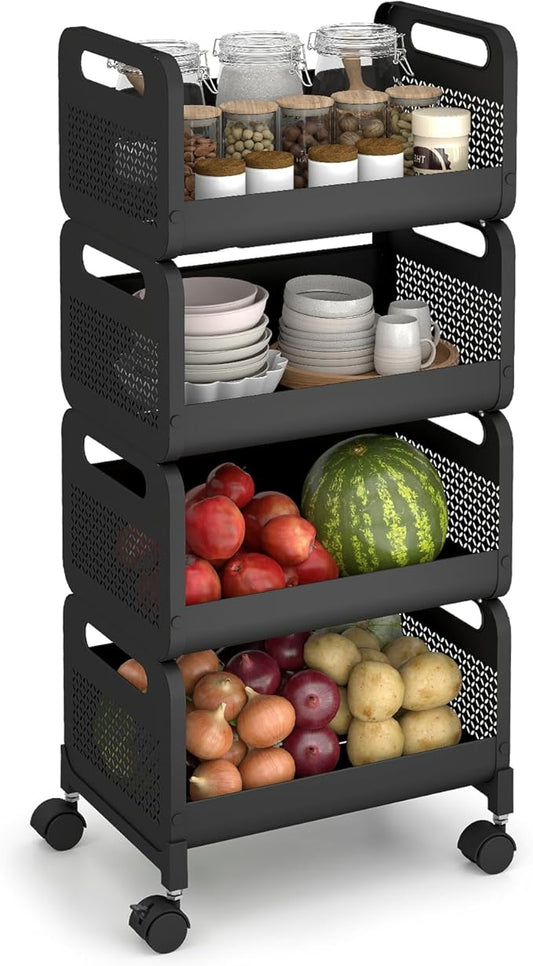 Sekey 4 Tier Rolling Cart Metal, Easy Install Kitchen Cart on Wheels with Storage, Heavy Duty, Lockable Wheels for Kitchen, Bathroom, Laundry Room, Black