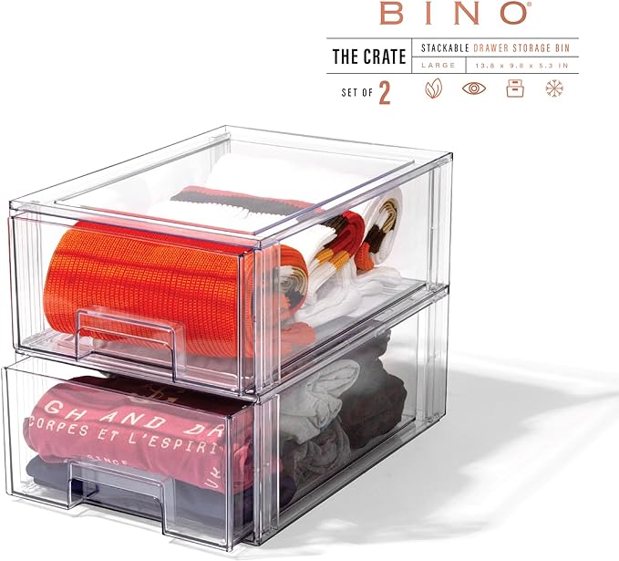 BINO | Stackable Storage Drawers, Large - 2 Pack, Clear | THE CRATE COLLECTION | Storage Bins With Drawers | Bathroom Organizers | Under Sink Organizer | Vanity Cabinet Home Organization-NeatNest