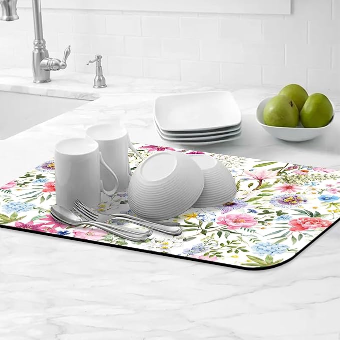 Colorful Flower Dish Drying Mats for Kitchen Counter Absorbent Fast Dry Dish Drainer Rack Mats for Dishes Utensils Pot and Pan, Kitchen Accessories 24"x16"-NeatNest