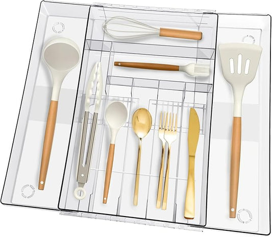 Expandable Silverware Kitchen Drawer Organizer Large Utensil Drawer Organizer Adjustable Cooking Utensil Holder Cutlery Tray for Spoons Forks Knives Bathroom Supplies Storage Plastic Clear-NeatNest