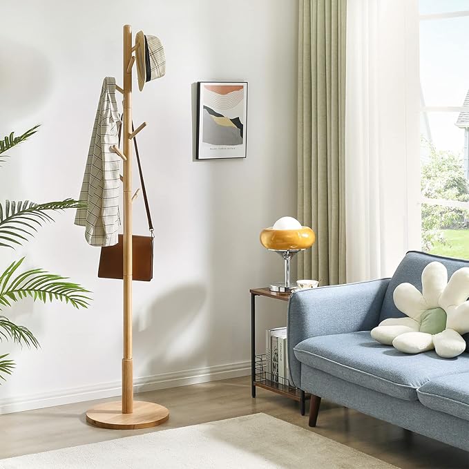 IBUYKE Coat Rack Stand, Freestanding Coat Tree with Solid Round Base and 8 Hooks, Easy Assembly Wooden Coat Hanger, Clothes Rack for Hallway Entryway, Living Room, Bedroom, Natural Color WD-115-NeatNest