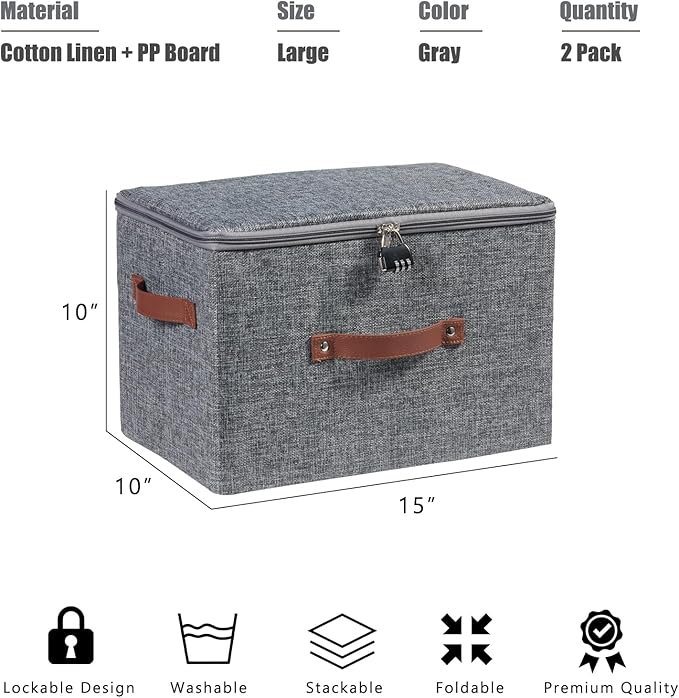2PCS Storage Bins Boxes with Zipper Lid Combination Lock PU Leather Handles Cotton Linen Fabric Lidded Lockable Baskets Foldable Washable Closet Shelf Organizer Container (Gray, Large)