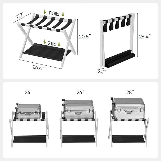 2 Pack Luggage Rack, Folding Luggage Rack for Guest Room, White Bamboo Suitcase Stand Holds up to 131 lb, Luggage Stand with Storage Shelf for Hotel, Bedroom