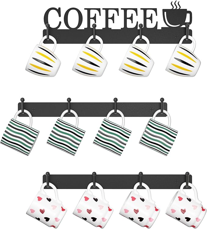 EsLuker.ly Mug Holder Rack Coffee Cup Hanger Wall Mount, Metal Wall Cup Shelf Organizer Stand with 12 Hooks, Fits Most Mugs Display for Home Kitchen, Space-Saving Coffee Bar Enhancer, Set of 3, Black-NeatNest