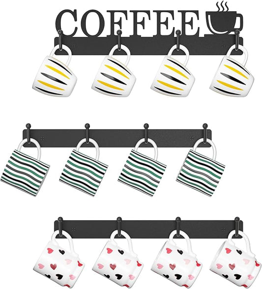 EsLuker.ly Mug Holder Rack Coffee Cup Hanger Wall Mount, Metal Wall Cup Shelf Organizer Stand with 12 Hooks, Fits Most Mugs Display for Home Kitchen, Space-Saving Coffee Bar Enhancer, Set of 3, Black-NeatNest