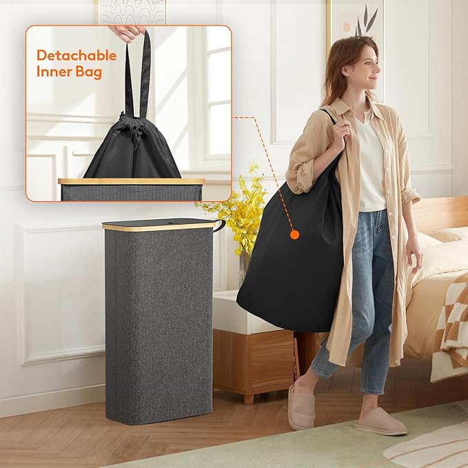 Lifewit 65L Slim Laundry Hamper with Lid, Narrow Laundry Basket with Removable Bag & Bamboo Handles, Fodable Thin Dirty Clothes Hamper for Laundry Collapsible Bin for Bathroom Bedroom Dorm, Dark Gray-NeatNest