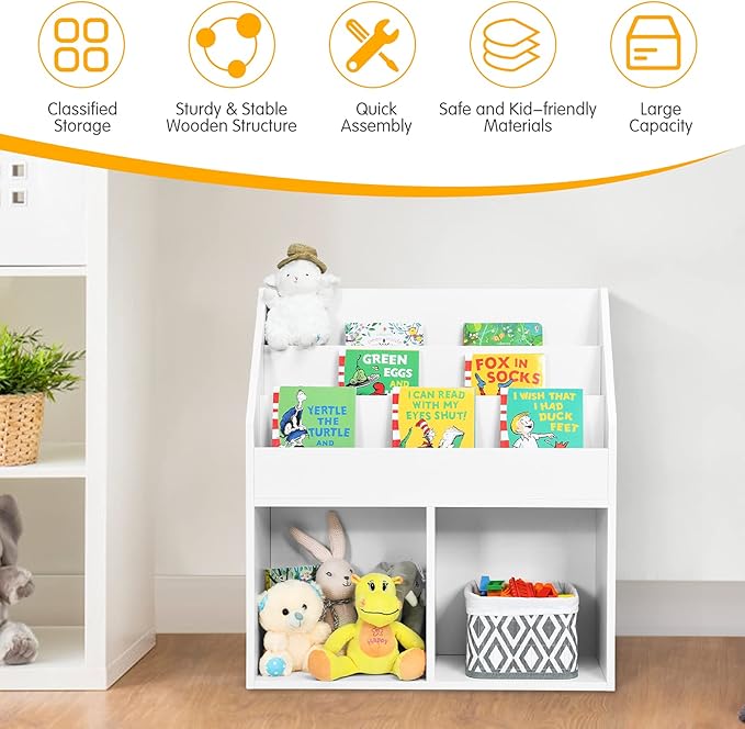 Costzon Kids Bookshelf, Wooden Toy Storage Cabinet Organizer w/Shelves, 2 Large Cubes & Anti-Tipping Devices, Children Bookcase Display Sling Book Rack for Kids Room, Nursery, Kindergarten (White)-NeatNest