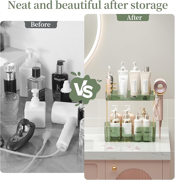 2 Tier Bathroom Organizer Countertop Makeup Perfume Tray Skincare Organizer Comes with Hair Dryer Rack and Toothbrush Holder for Bathroom Dresser Vanity (Green)-NeatNest