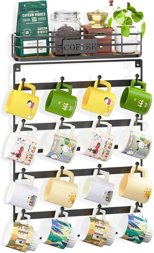 EsLuker.ly Wall Mounted Mug Hanger Rack With Hooks, Coffee Cup Holder Display, Shelf for Kitchen Coffee Bar Organizer, Space-Saving Hanging Storage for 16 Cups, Black-NeatNest