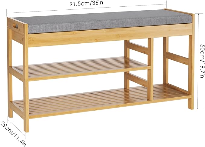 HIFIT Bamboo Shoe Bench Rack with Storage, Entryway Storage Bench with Padded Seat, Shoe Oiganizer Shelf for Entryway Mudroom Bathroom Hallway, Natural