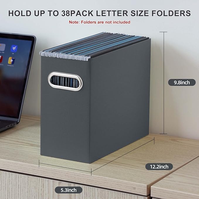Oterri File Organizer, 2 Packs Small Storage Box, Cardboard File Folder Organizer, Collapsible File Box for Hanging File Folders Letter Size, Portable Filing Organizer with Handle (Dark Grey)