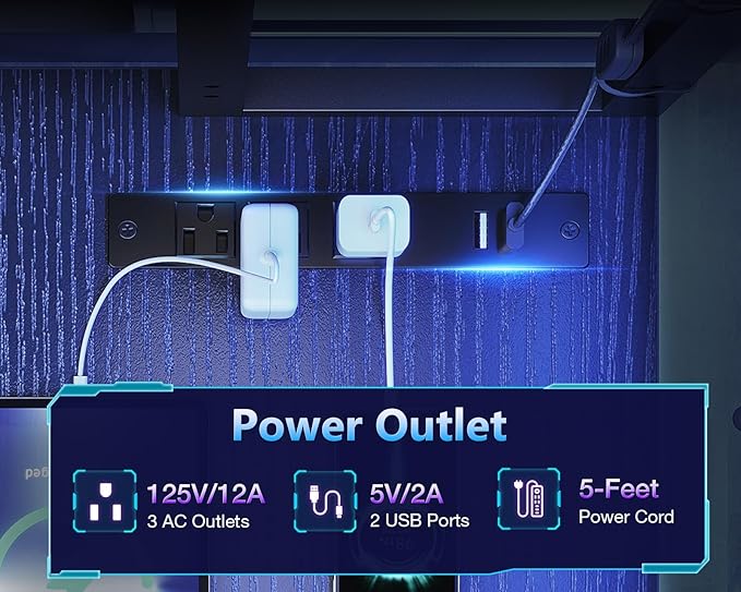 Casaottima Gaming Desk with Power Outlets & LED Lights, 43 Inch Reversible L Shaped Computer Desk with Shelves & Storage Bag, Corner Desk for Home Office, Black-NeatNest