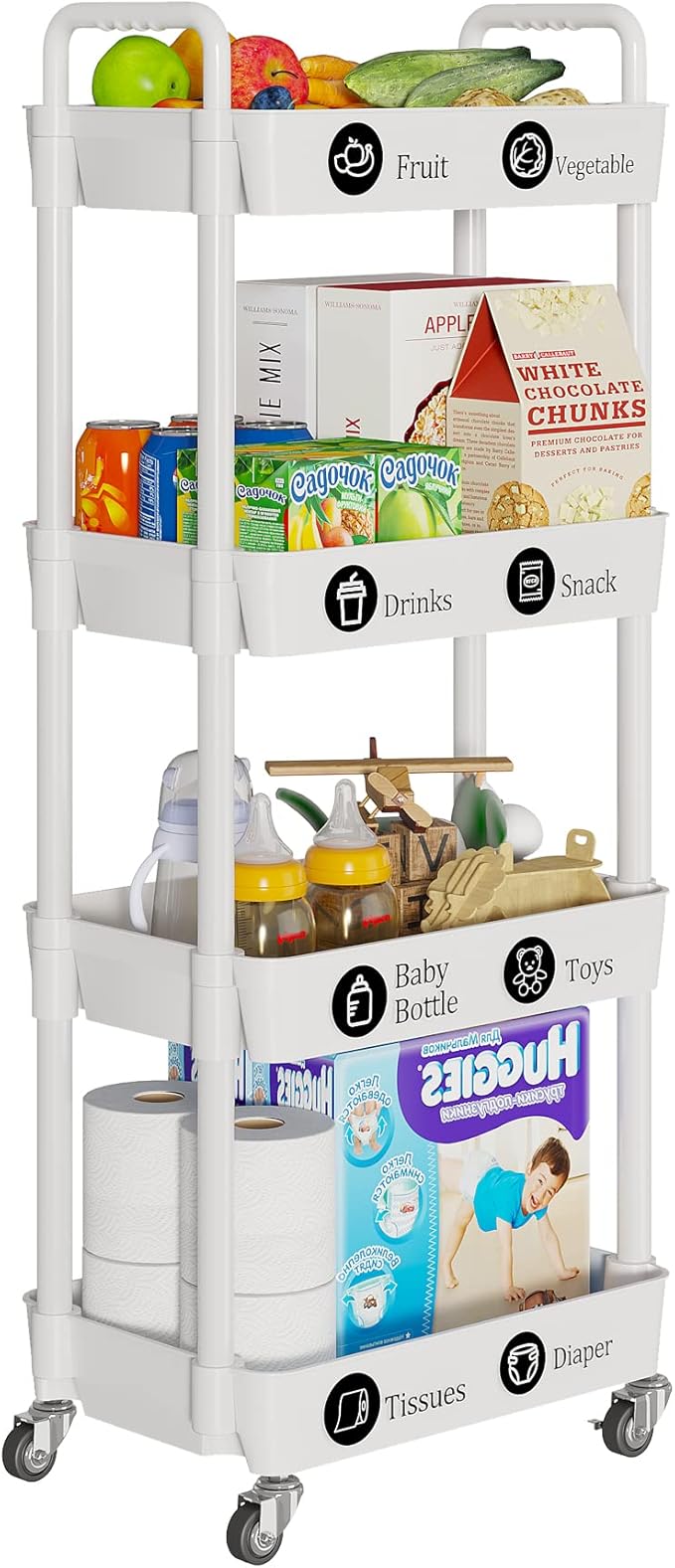 Laiensia 4-Tier Storage Cart,Multifunction Utility Rolling Cart Kitchen Storage Organizer,Mobile Shelving Unit Cart with Lockable Wheels for Bathroom,Laundry,Living Room,With Classified Stickers,White-NeatNest