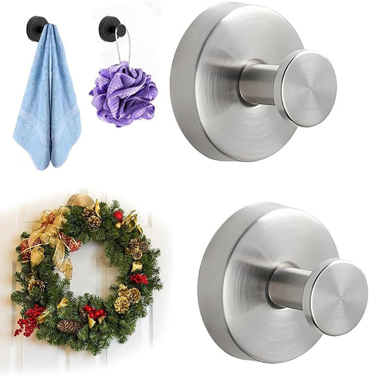 Suction Cup Hooks for Wreaths on Glass, 2026 NEW No Drill Suction Cup Hooks for Shower Towels, Strong Suction Cup Wreath Hanger Holder for Front Door Glass Window Mirror Bathroom Wall (2, Sliver)