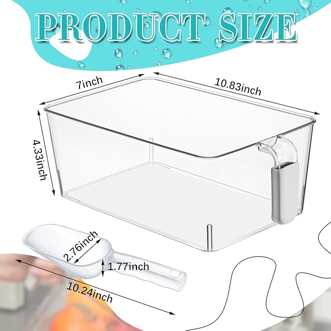 Havawish 2 Set Ice Bin and Flexible Scoop Set Plastic Freezer Ice Bin with Pull out Handle Clear Storage Bucket for Container with Bucket Scoop (Grey,10.83 x 7 x 4.33 in)