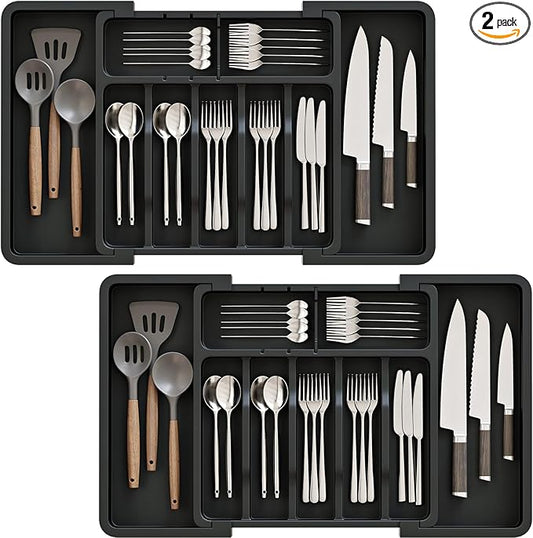 2 Pack Silverware Organizer, Expandable and Adjustable Kitchen Utensil Drawer Organizer, Plastic Cutlery Holder with Multiple Compartments,Cutlery Holder,for Spoons Forks Knives,Black,UAFD012B-NeatNest