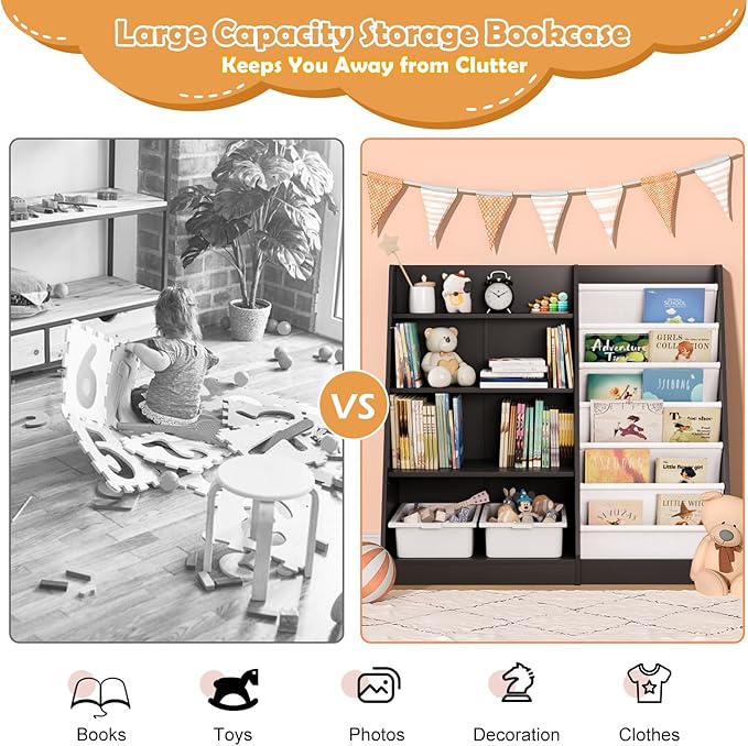 Black Kids Bookshelf Wood Toy Storage Organizer Cabinet Children Bookcase Toddler Baby Sling Book Rack Adjustable Shelf for Playroom Bedroom Nursery Hallway School Kindergarten-NeatNest