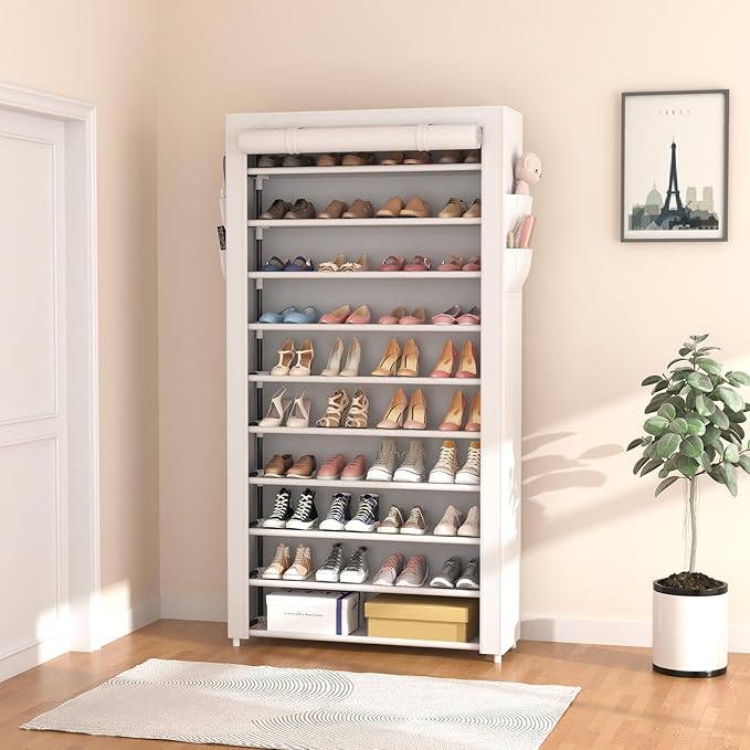 ROJASOP Shoe Rack with Covers 10 Tier Large Shoe Organizer Tall Shoe Closet Storage for 50-55 Pairs Shoe and Boot, Free Standing Shoe Rack Organizer for Closet, Entryway, Bedroom, White-NeatNest