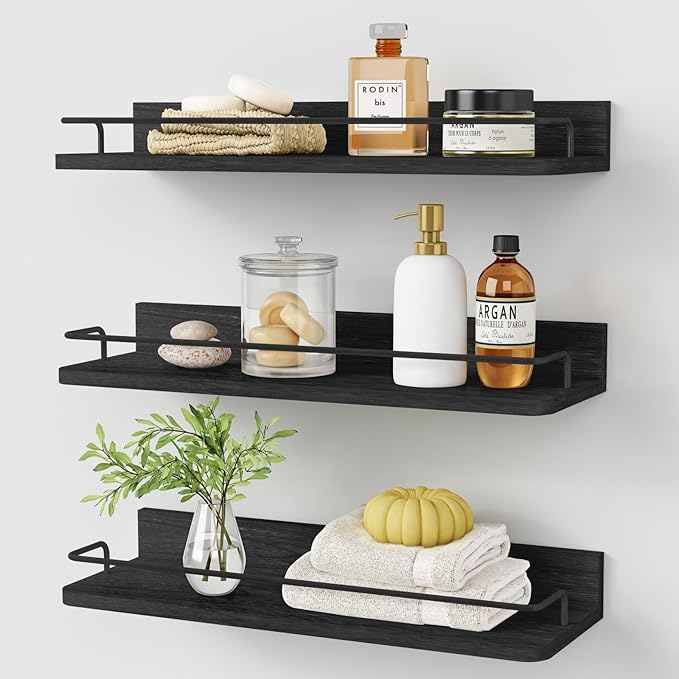 Forbena Black Floating Shelves for Wall, Bahtroom Wall Shelves Over Toilet, Rustic Hanging Shelf with Lip Rail for Bedroom Kitchen Office Living Room Picture Photo Decor, 17 Inch Long-Set of 3-NeatNest
