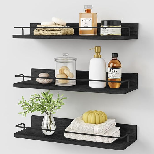 Forbena Black Floating Shelves for Wall, Bahtroom Wall Shelves Over Toilet, Rustic Hanging Shelf with Lip Rail for Bedroom Kitchen Office Living Room Picture Photo Decor, 17 Inch Long-Set of 3-NeatNest