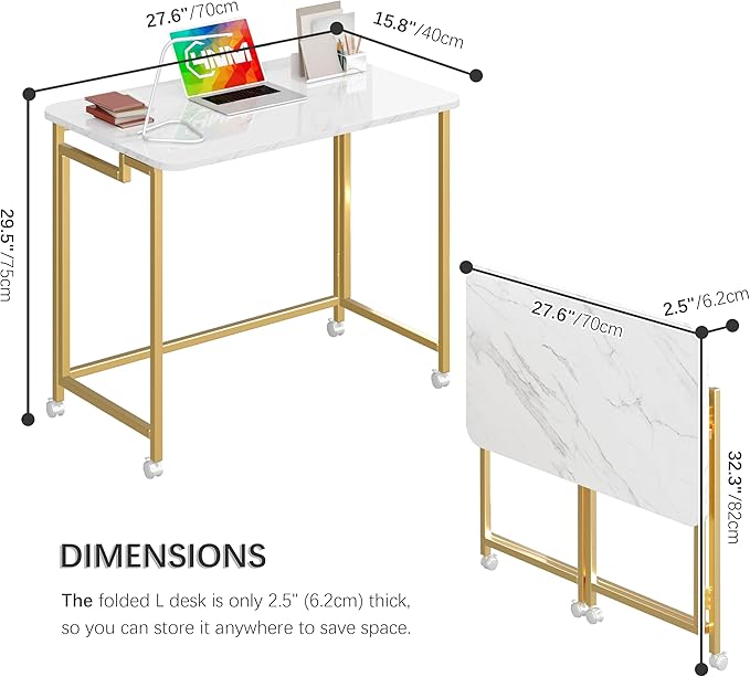 4NM 27.5" Mobile Small Rolling Computer Desk, Folding Laptop Cart Table with Wheels, Portable Office Desk for Small Space Couch Bed - White and Golden