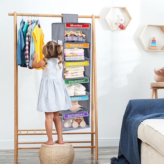6-Shelf Weekly Closet Hanging Organizer for Kids, 6-Grid Days of the Week Baby Kids Clothing Organizer Monday through Saturday, Foldable Oxford Cloth Closet Clothes Weekday Storage (Gray)-NeatNest