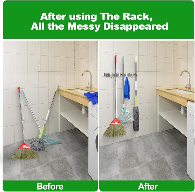 voze 5 Racks and 4 Hooks Mop and Broom Holder Wall Mount, Self Adhesive Heavy Duty Broom Hanger Organizer Storage Tool Racks for Kitchen Garden Laundry Garage-NeatNest