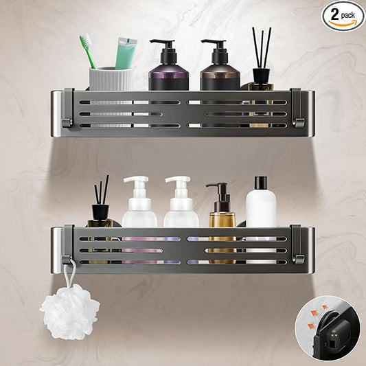 Lekesky Suction Cup Shower Caddy, No Drill Shower Shelf, Aluminum Rust Proof Bathroom Shower Organizer with 12 Hooks (2-Pack, Gunmetal Gray
