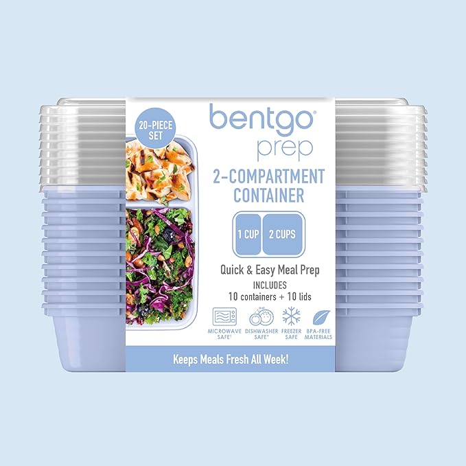 Bentgo 20-Piece Lightweight, Durable, Reusable BPA-Free 2-Compartment Containers - Microwave, Freezer, Dishwasher Safe - Periwinkle-NeatNest