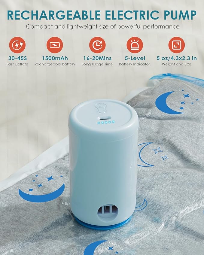 Travel Compression Bags, 35 Pack Vacuum Storage Bags with 1500mAh Rechargeable Battery, Vacuum Seal Bag for Space Saving Clothes, Blanket, Duvets, Pillows, Comforters, Travel Essentials, Luggage-NeatNest