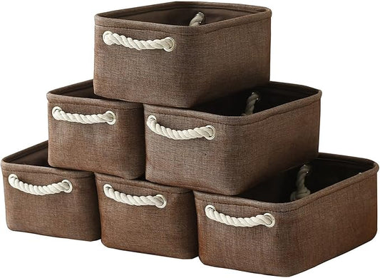 TheWarmHome Storage Basket for Organizing - 12x8x5 inch Small 6 Pack Collapsible Storage Bin for Shelves with Handles, Canves Storage Box for Cloth Closet Organizer Gift Toy (Brown)-NeatNest