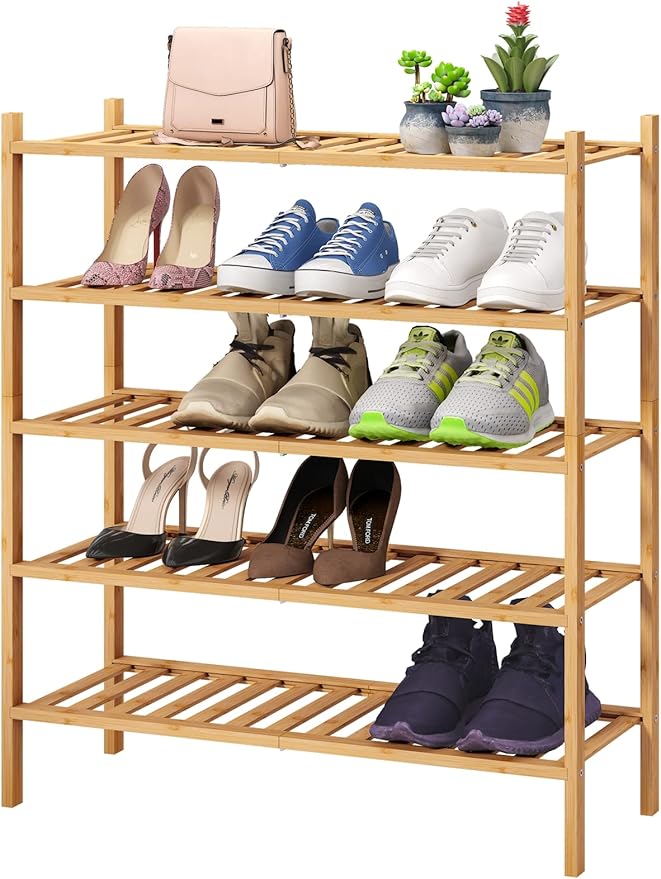 5-Tier Bamboo Shoe Rack for Entryway, Stackable | Foldable | Natural, Shoe Organizer for Hallway Closet, Standing Shoe Racks for Indoor Outdoor-NeatNest