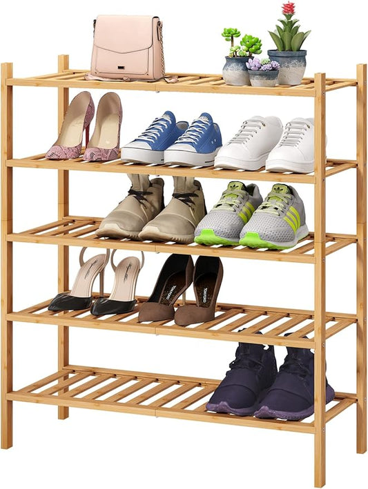 5-Tier Bamboo Shoe Rack for Entryway, Stackable | Foldable | Natural, Shoe Organizer for Hallway Closet, Standing Shoe Racks for Indoor Outdoor-NeatNest