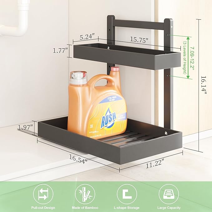 Under Sink Organizer - 1-Tier Pull Out Cabinet Organizer Vertical Slide Out Sink Shelf Storage Shelves for Multi-Purpose Bath Kitchen Bathroom Medicine (Black, 2 Packs)-NeatNest