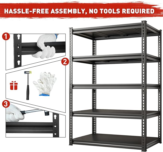 REIBII 72" H Garage Shelving Load 2500 LBS, Heavy Duty Storage Shelves, 5-Tier Adjustable Garage Shelves for Warehouse, Basement, 72" H x36 W x18 D, Black-NeatNest