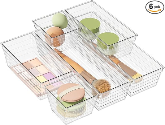 6 Pack Clear Drawer Organizer, Acrylic Drawer Storage Trays, Storage Bins for Makeup, Cosmetics, Jewelries, Utensils, Gadgets, Office-NeatNest