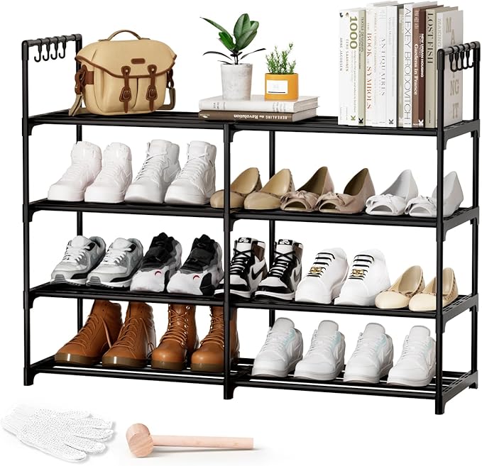 2 Rows 4 Tier Shoe Rack, Black Metal Stackable Shoe Shelf with Multifunctional Hooks, Hold 16-20 Pairs, Space Saving Shoe Organizer for Closet, Bedroom-NeatNest