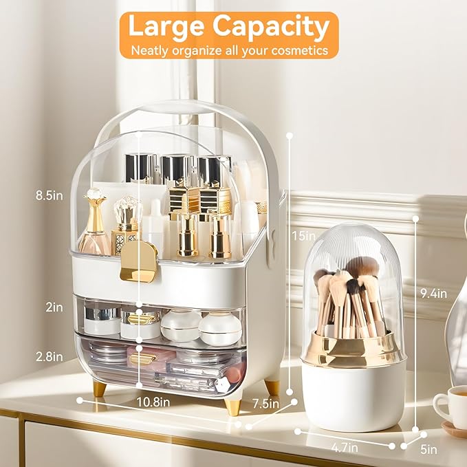 Brothersbox Makeup Organizer Countertop, Skincare Organizers with Clear Lid & 2 Drawers and Brush Holder, Make up Organizers for Vanity, Cosmetic Organizer for Bathroom Counter Dresser (White)