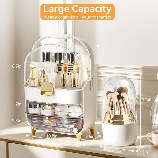 Brothersbox Makeup Organizer Countertop, Skincare Organizers with Clear Lid & 2 Drawers and Brush Holder, Make up Organizers for Vanity, Cosmetic Organizer for Bathroom Counter Dresser (White)-NeatNest